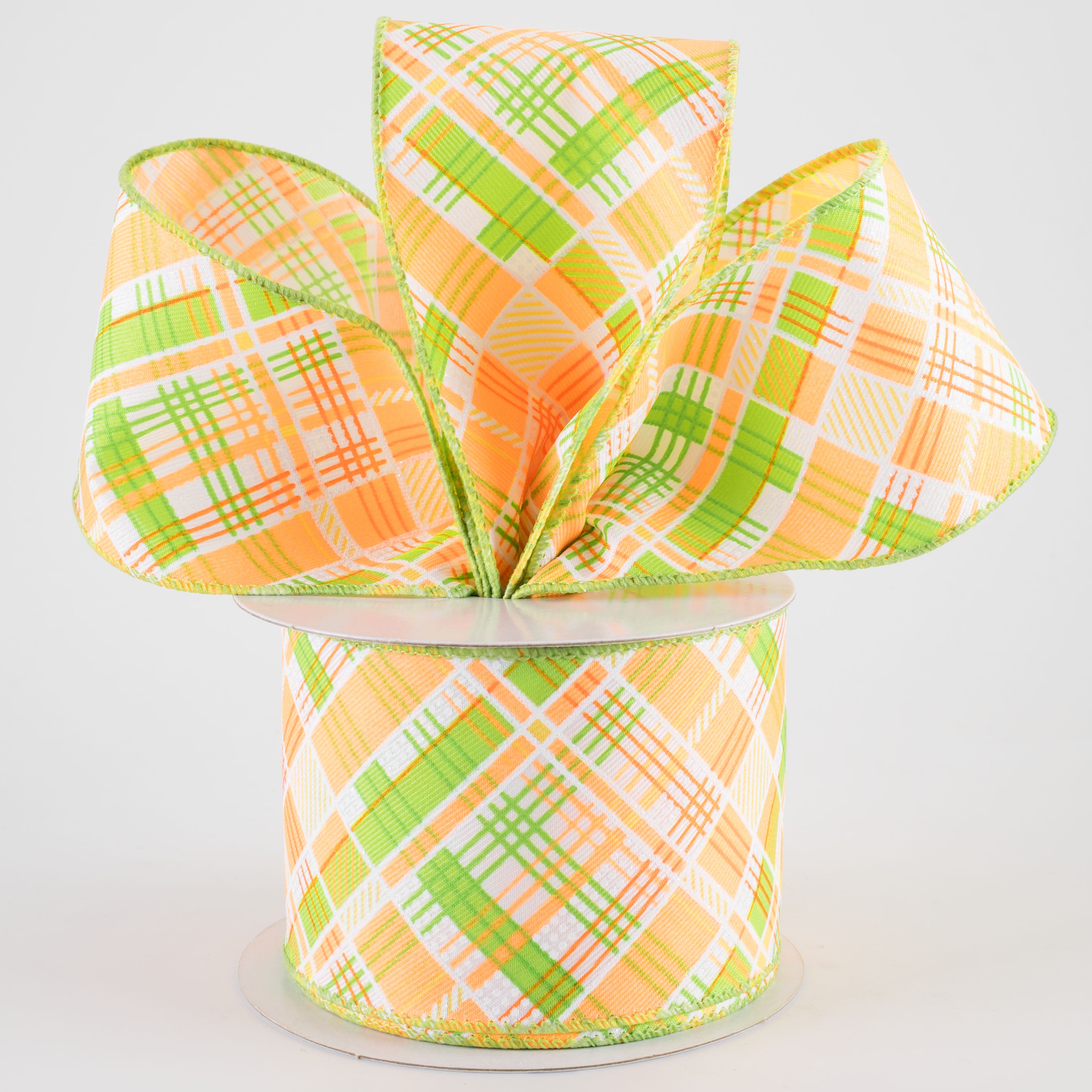 2.5" Printed Cabot Diagonal Plaid Ribbon: Neon Orange, Lime & White (10 Yards)