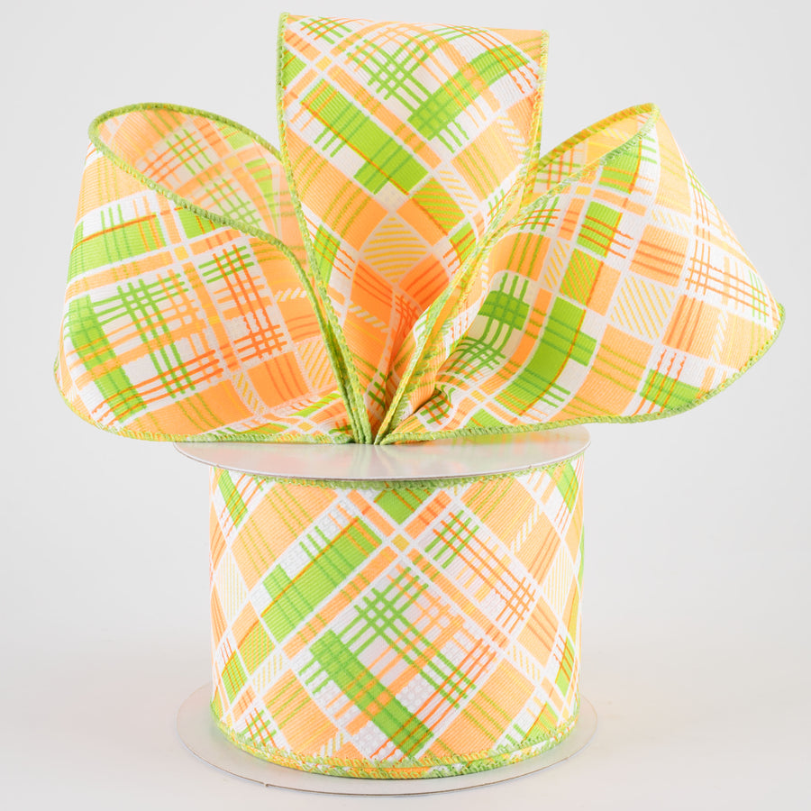 2.5" Printed Cabot Diagonal Plaid Ribbon: Neon Orange, Lime & White (10 Yards)