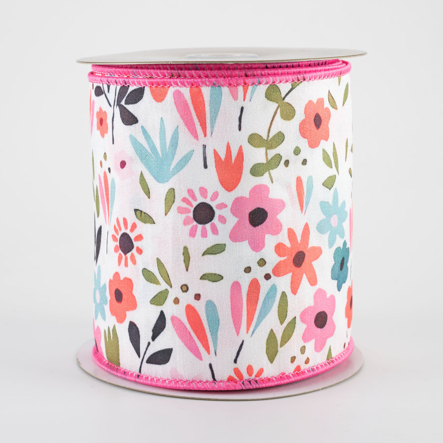 4" Fun Flowers & Foliage Ribbon: Pink Multicolor (10 Yards)