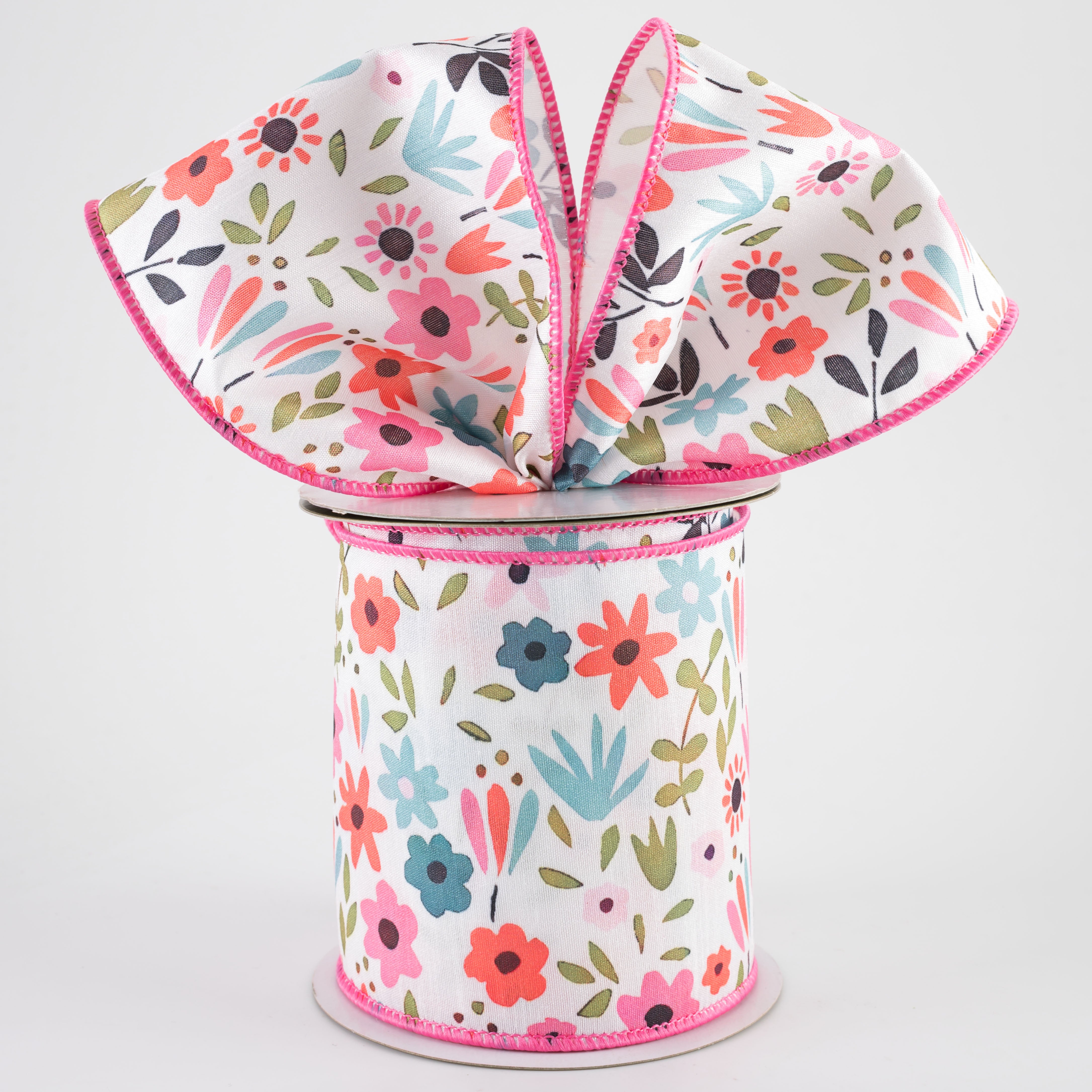 4" Fun Flowers & Foliage Ribbon: Pink Multicolor (10 Yards)