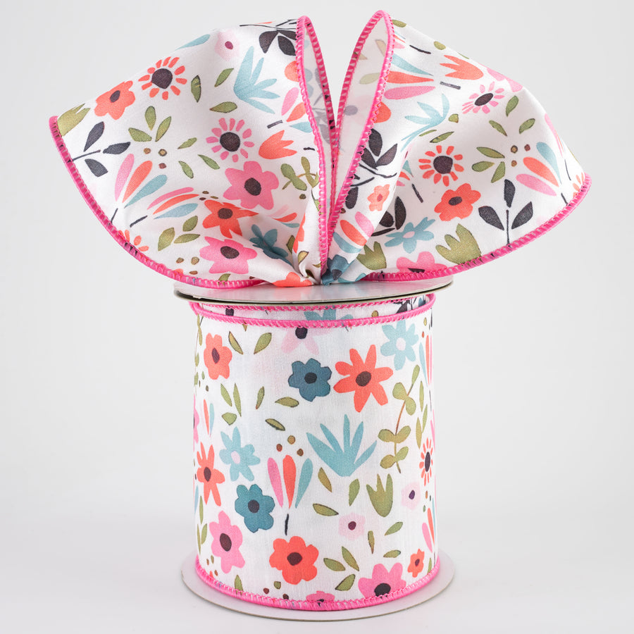 4" Fun Flowers & Foliage Ribbon: Pink Multicolor (10 Yards)