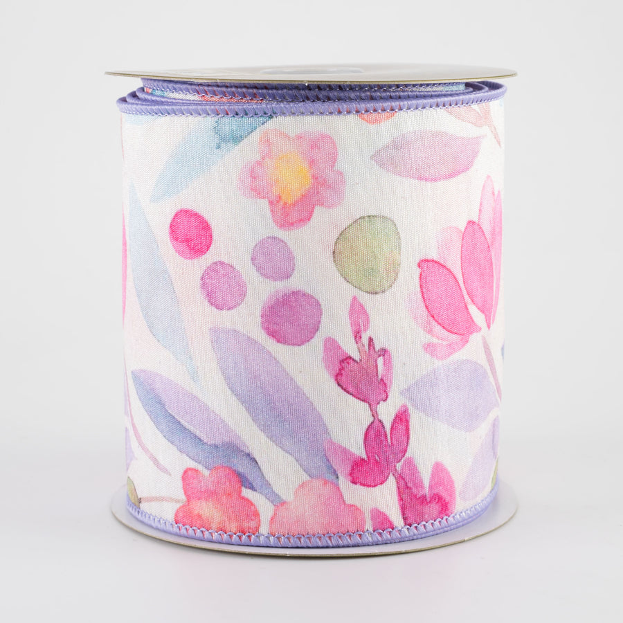 4" Watercolor Flowers & Foliage Ribbon: Lavender Multicolor (10 Yards)