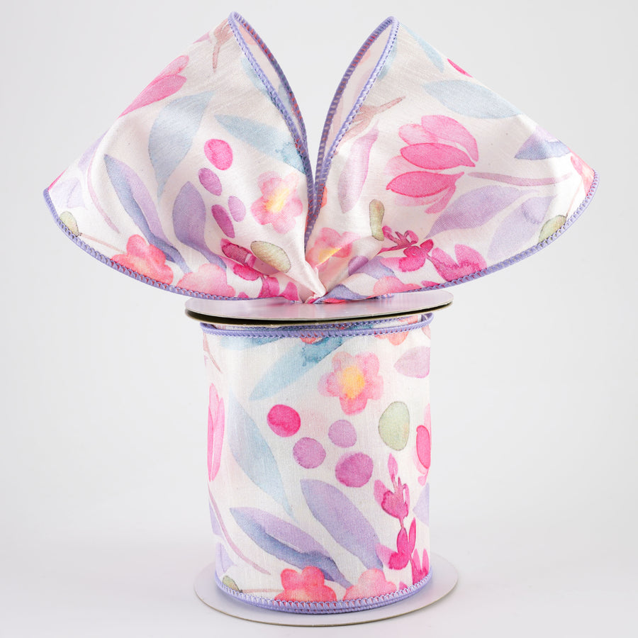 4" Watercolor Flowers & Foliage Ribbon: Lavender Multicolor (10 Yards)