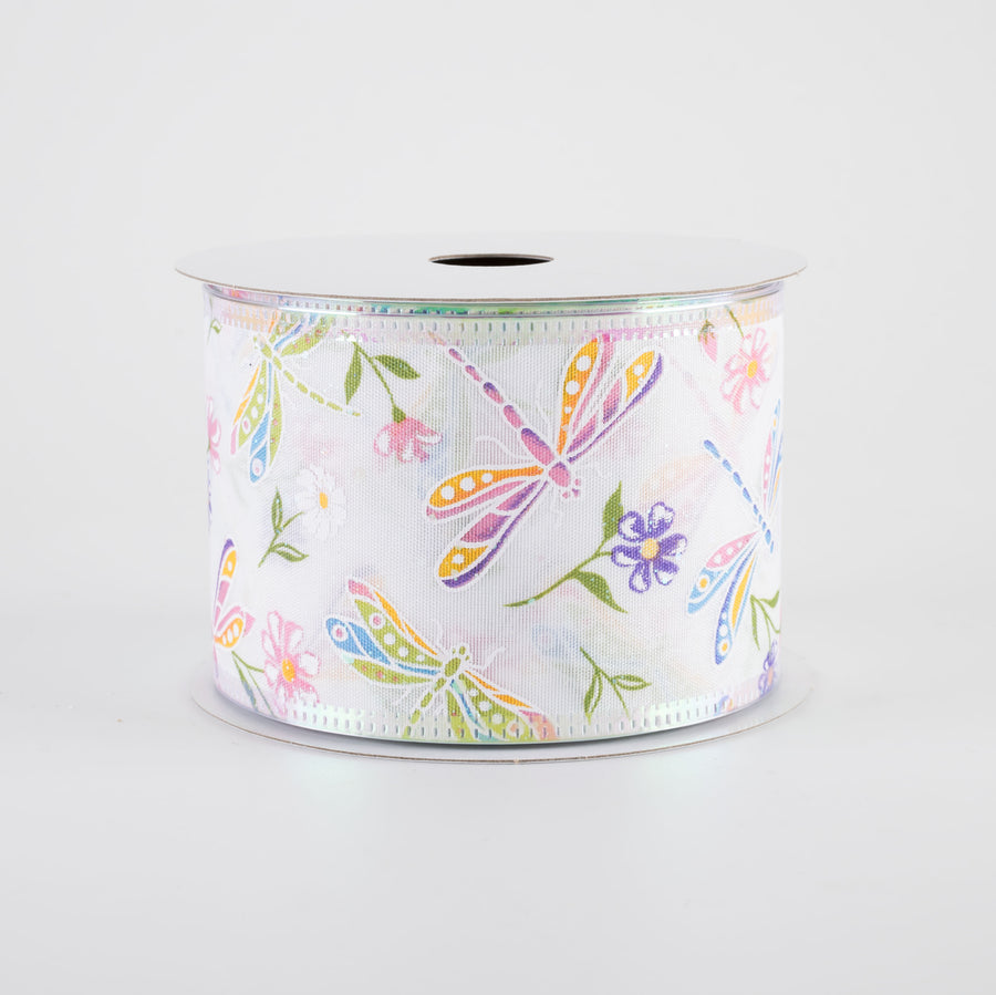 2.5" Iridescent Dragonflies & Flowers Ribbon: White (10 Yards)