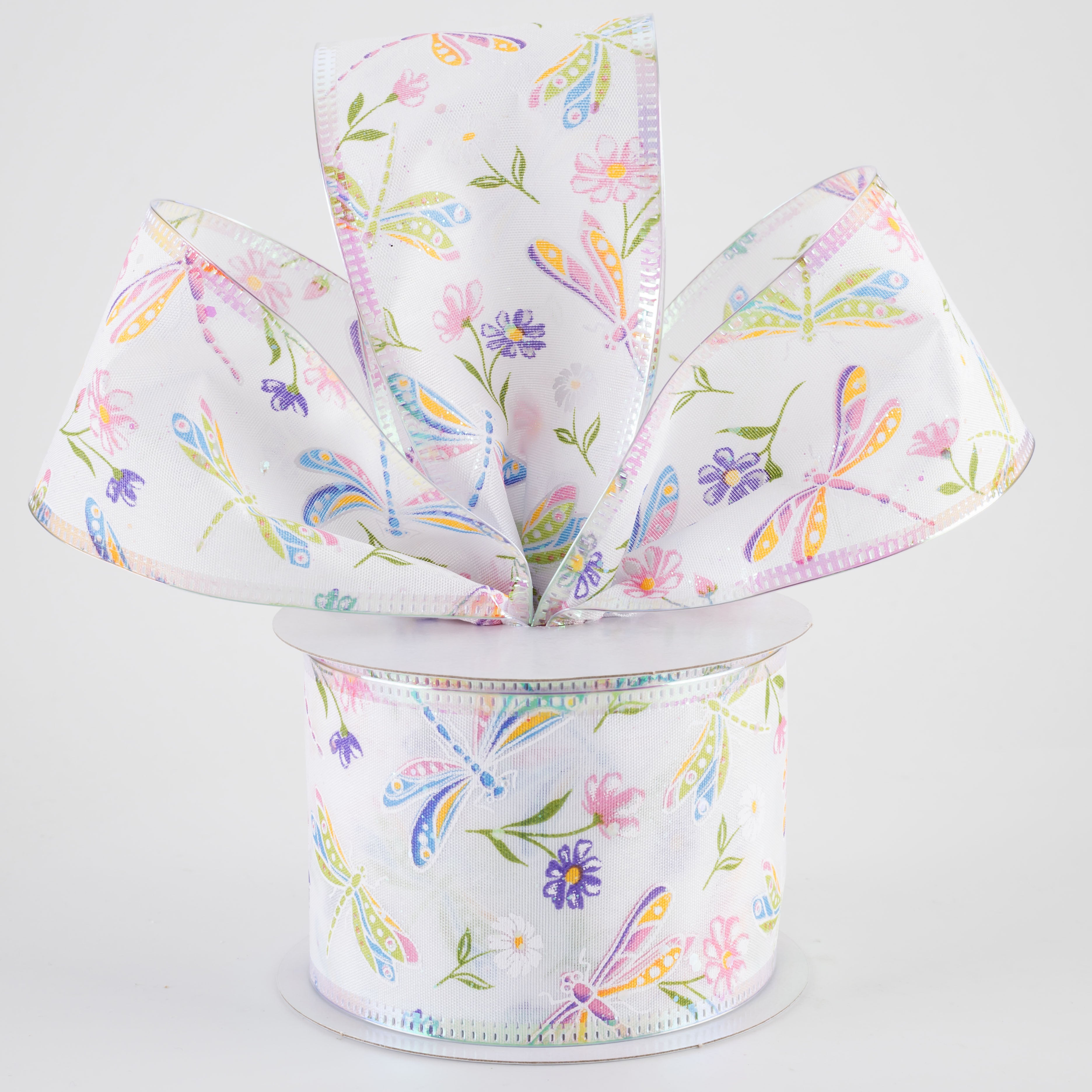 2.5" Iridescent Dragonflies & Flowers Ribbon: White (10 Yards)