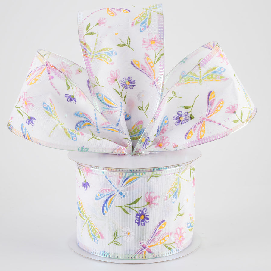 2.5" Iridescent Dragonflies & Flowers Ribbon: White (10 Yards)