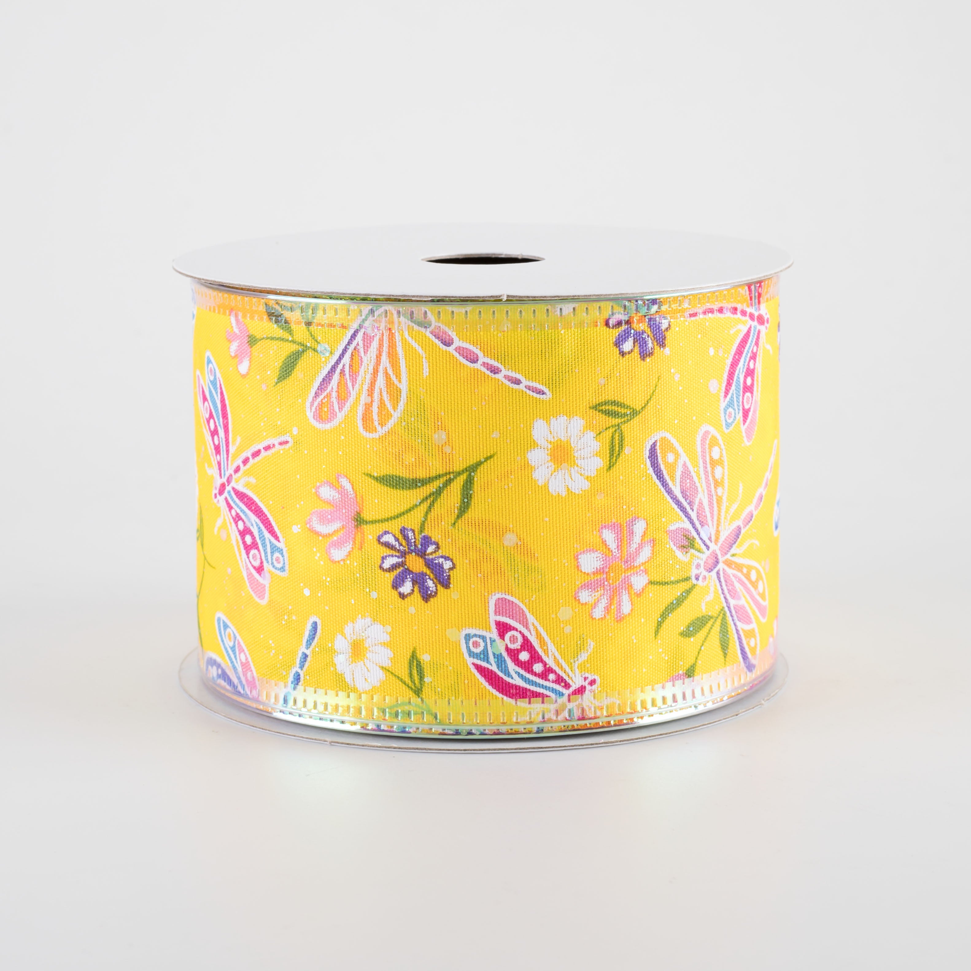2.5" Iridescent Dragonflies & Flowers Ribbon: Yellow (10 Yards)