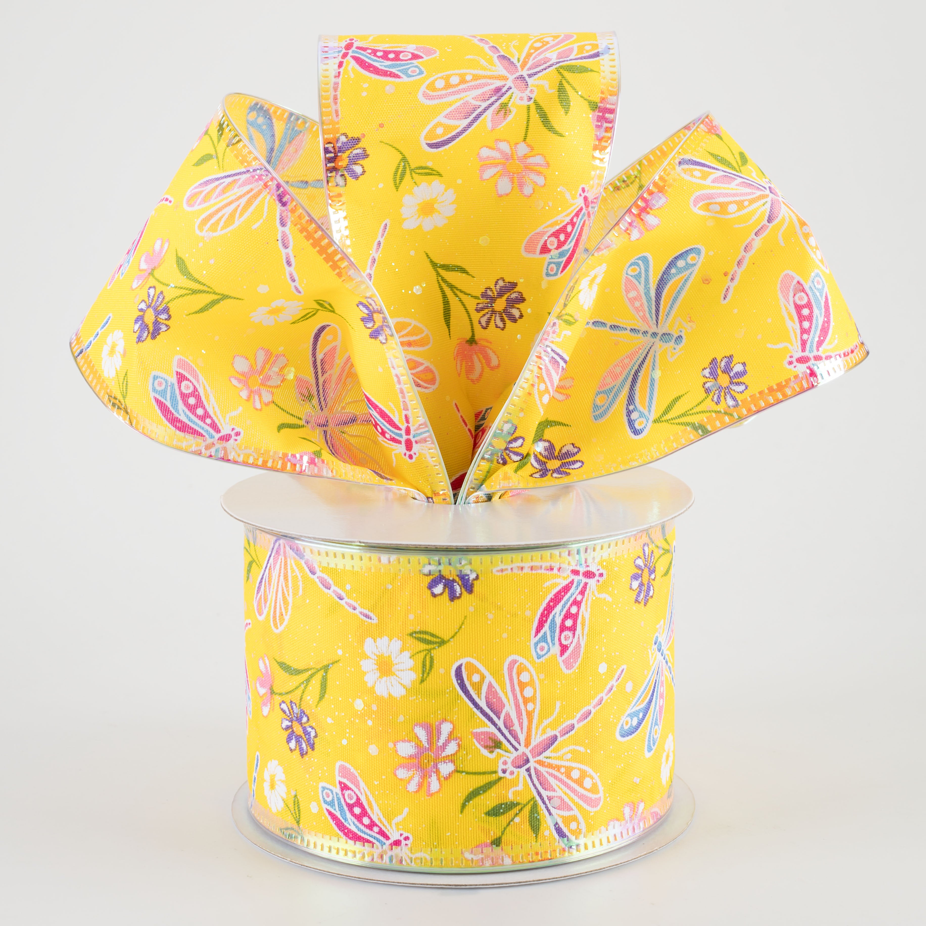 2.5" Iridescent Dragonflies & Flowers Ribbon: Yellow (10 Yards)