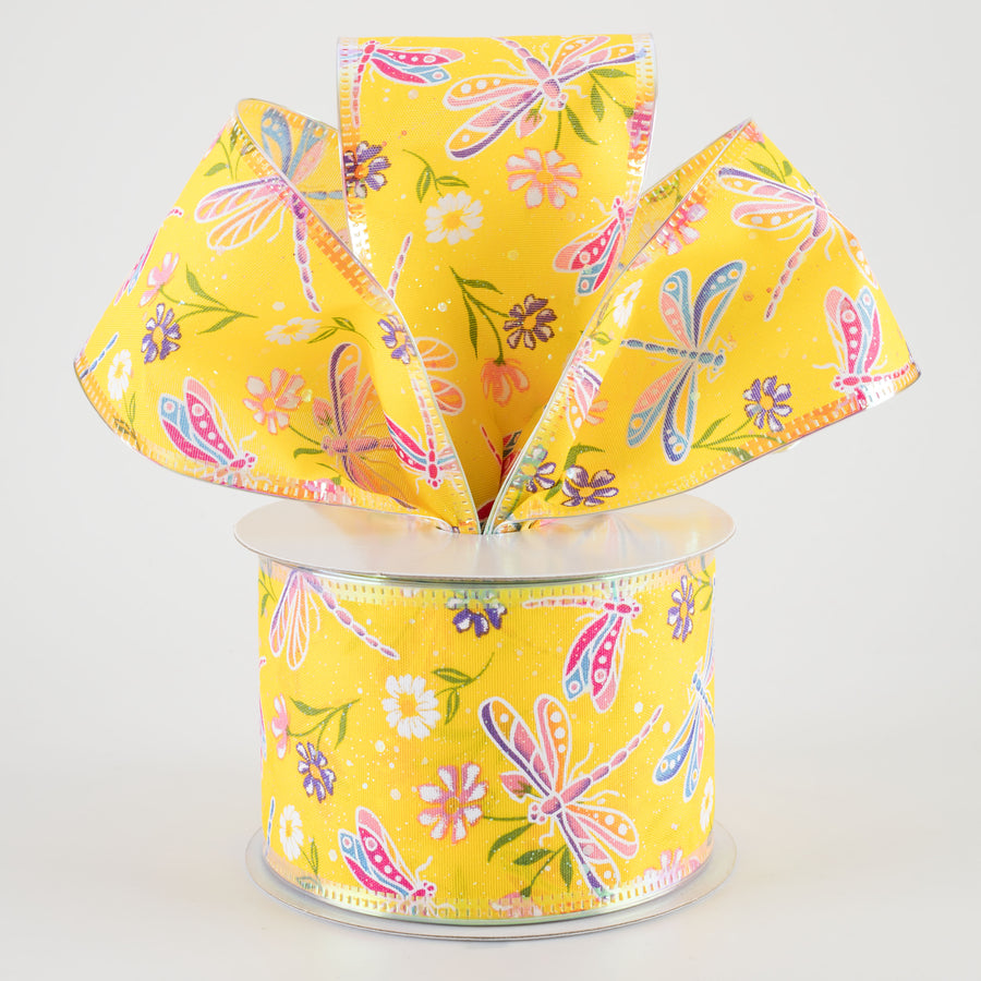 2.5" Iridescent Dragonflies & Flowers Ribbon: Yellow (10 Yards)