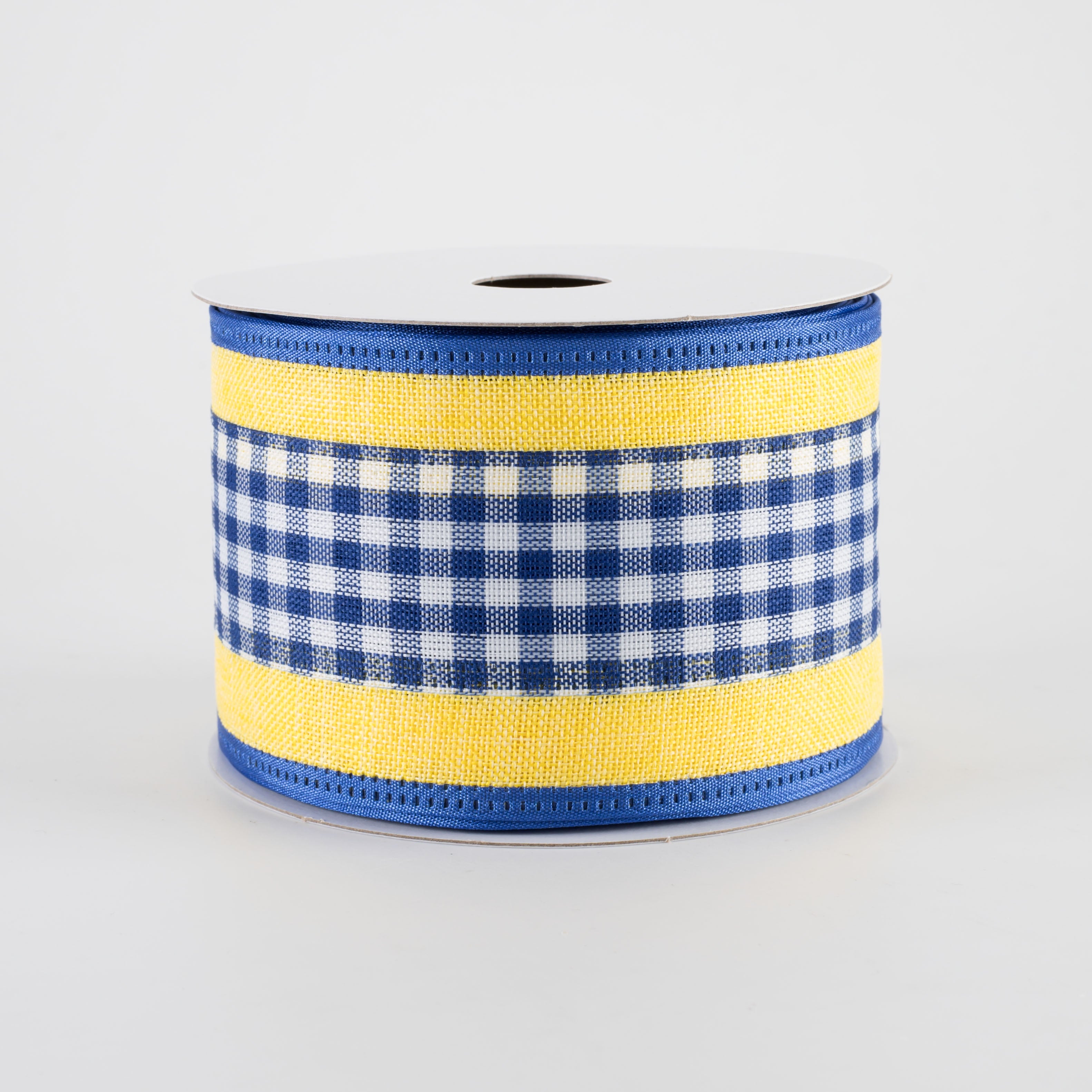 2.5" Gingham & Linen Edge Ribbon: Royal Blue & Yellow (10 Yards)
