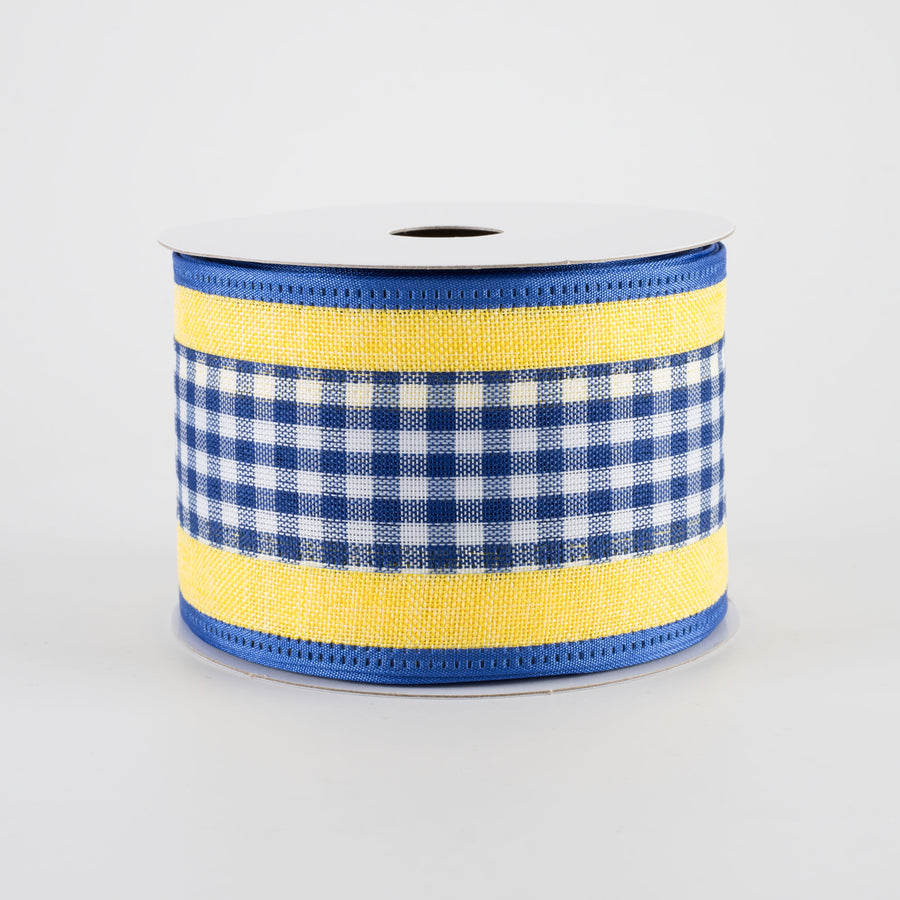 2.5" Gingham & Linen Edge Ribbon: Royal Blue & Yellow (10 Yards)