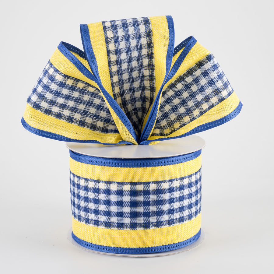2.5" Gingham & Linen Edge Ribbon: Royal Blue & Yellow (10 Yards)