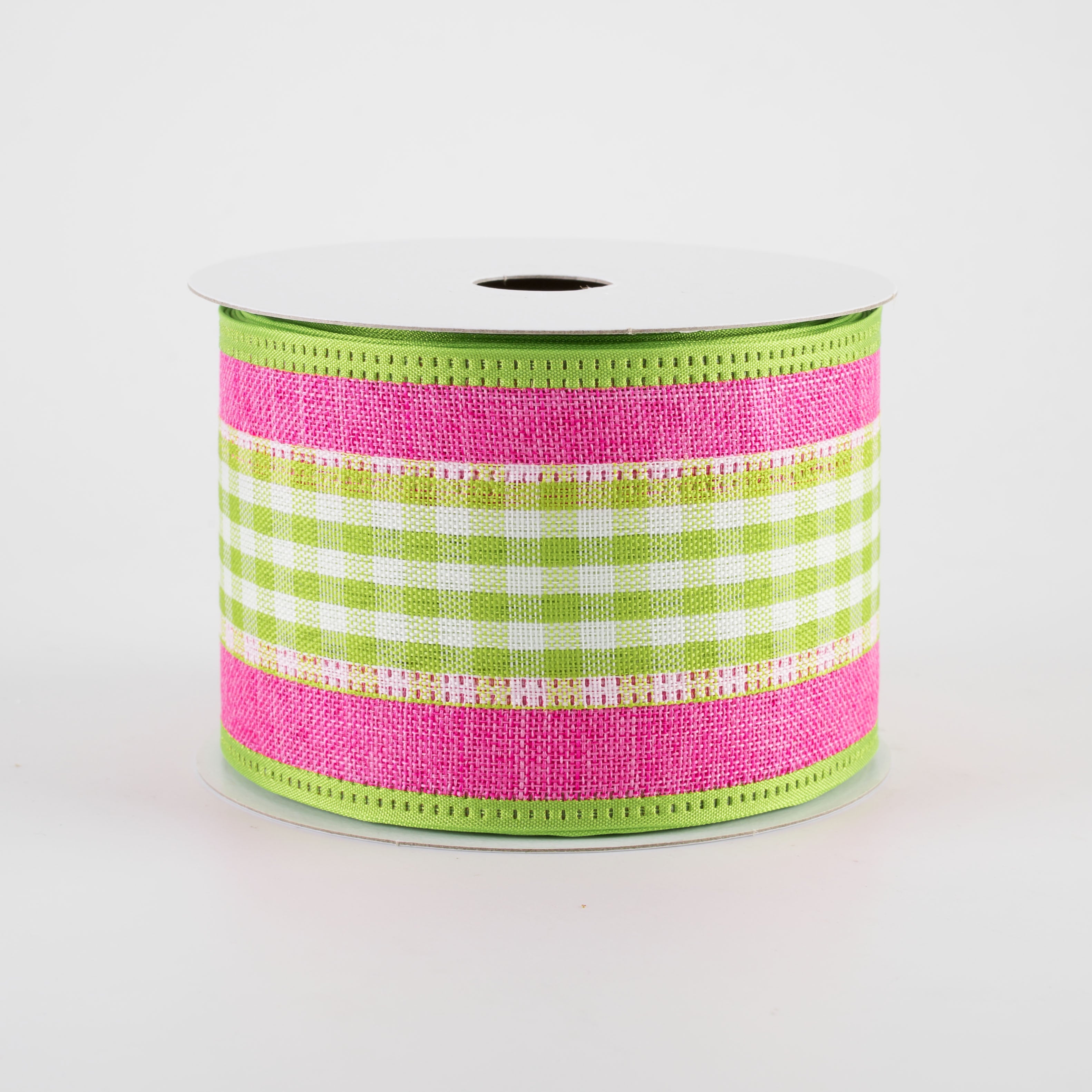 2.5" Gingham & Linen Edge Ribbon: Lime Green & Fuchsia Pink (10 Yards)