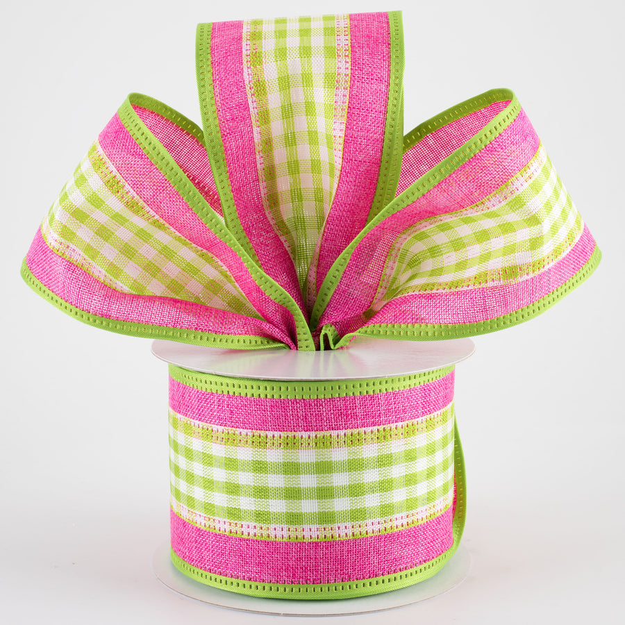 2.5" Gingham & Linen Edge Ribbon: Lime Green & Fuchsia Pink (10 Yards)