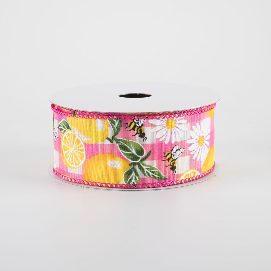1.5" Lemons on Watercolor Plaid Ribbon: Fuchsia Pink (10 Yards)