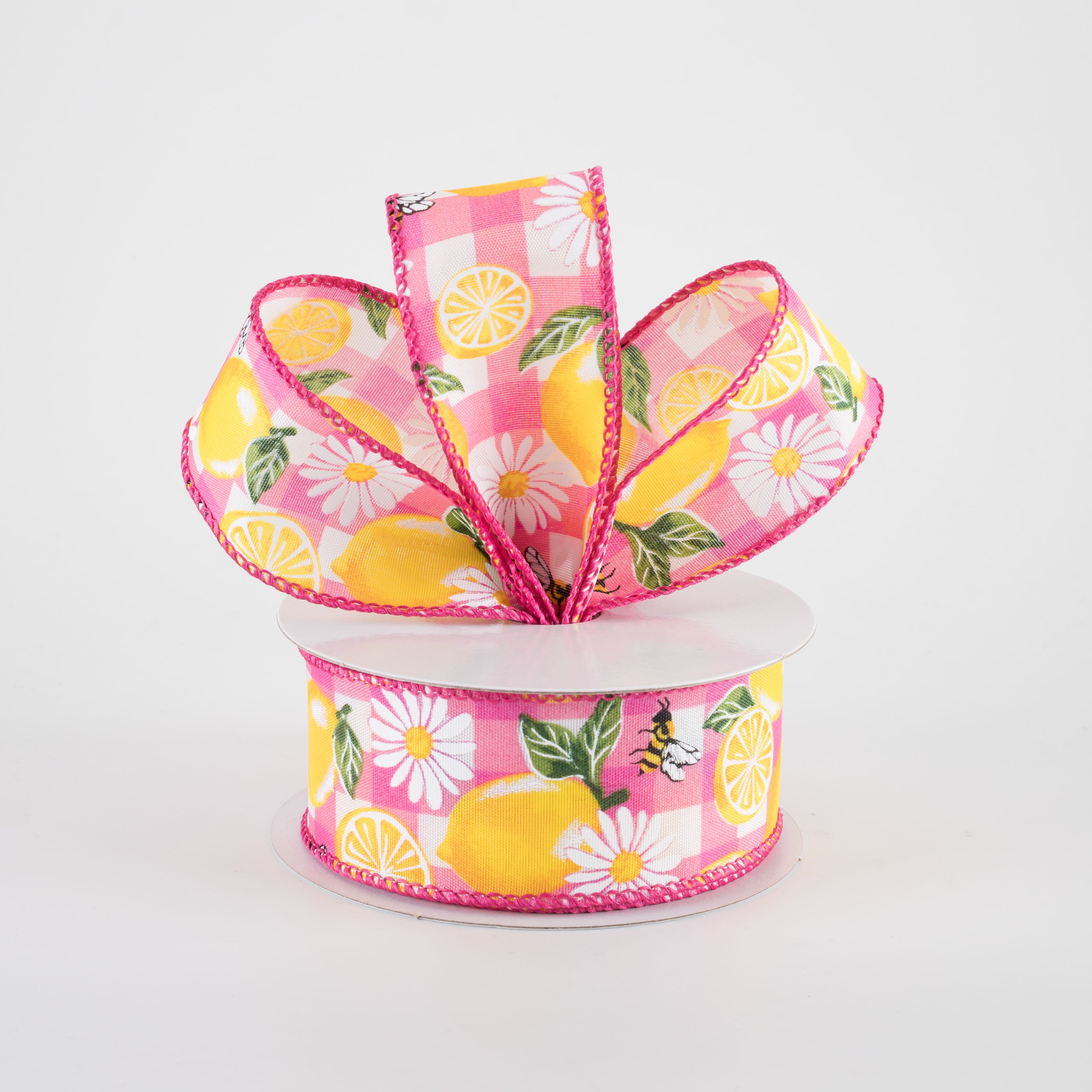 1.5" Lemons on Watercolor Plaid Ribbon: Fuchsia Pink (10 Yards)