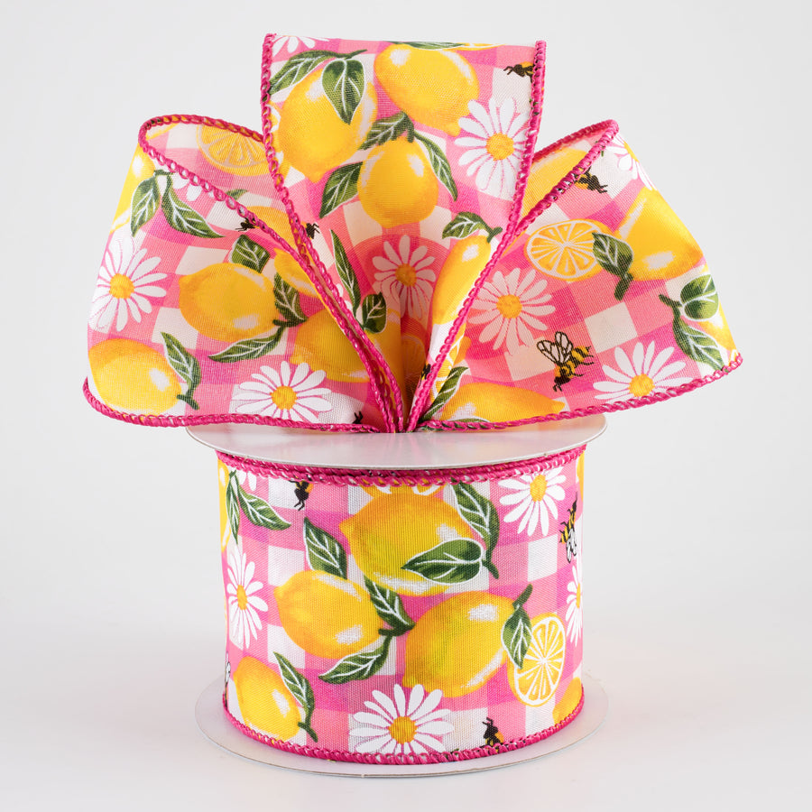 2.5" Lemons on Watercolor Plaid Ribbon: Fuchsia Pink (10 Yards)