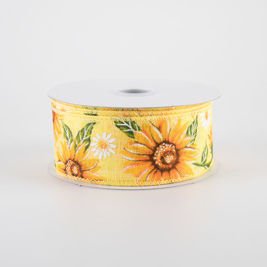 1.5" Linen Sunflowers & Daisies Ribbon: Yellow (10 Yards)