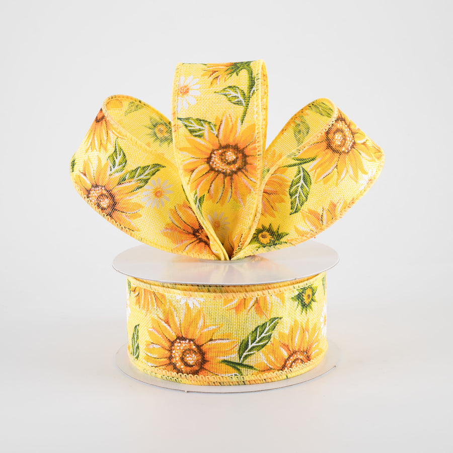 1.5" Linen Sunflowers & Daisies Ribbon: Yellow (10 Yards)
