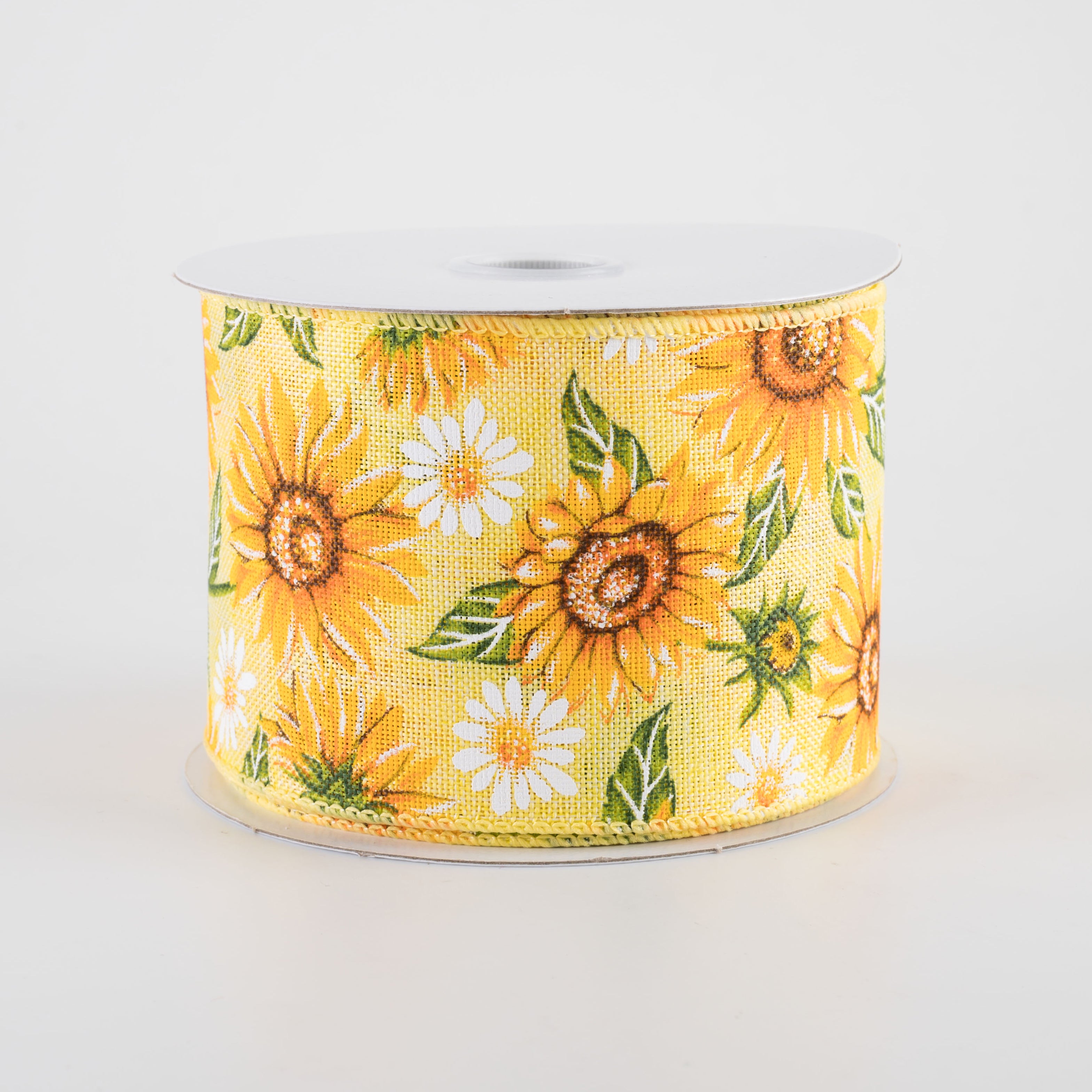 2.5" Linen Sunflowers & Daisies Ribbon: Yellow (10 Yards)