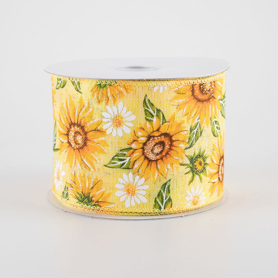 2.5" Linen Sunflowers & Daisies Ribbon: Yellow (10 Yards)