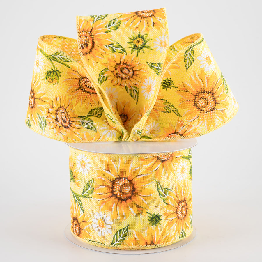 2.5" Linen Sunflowers & Daisies Ribbon: Yellow (10 Yards)