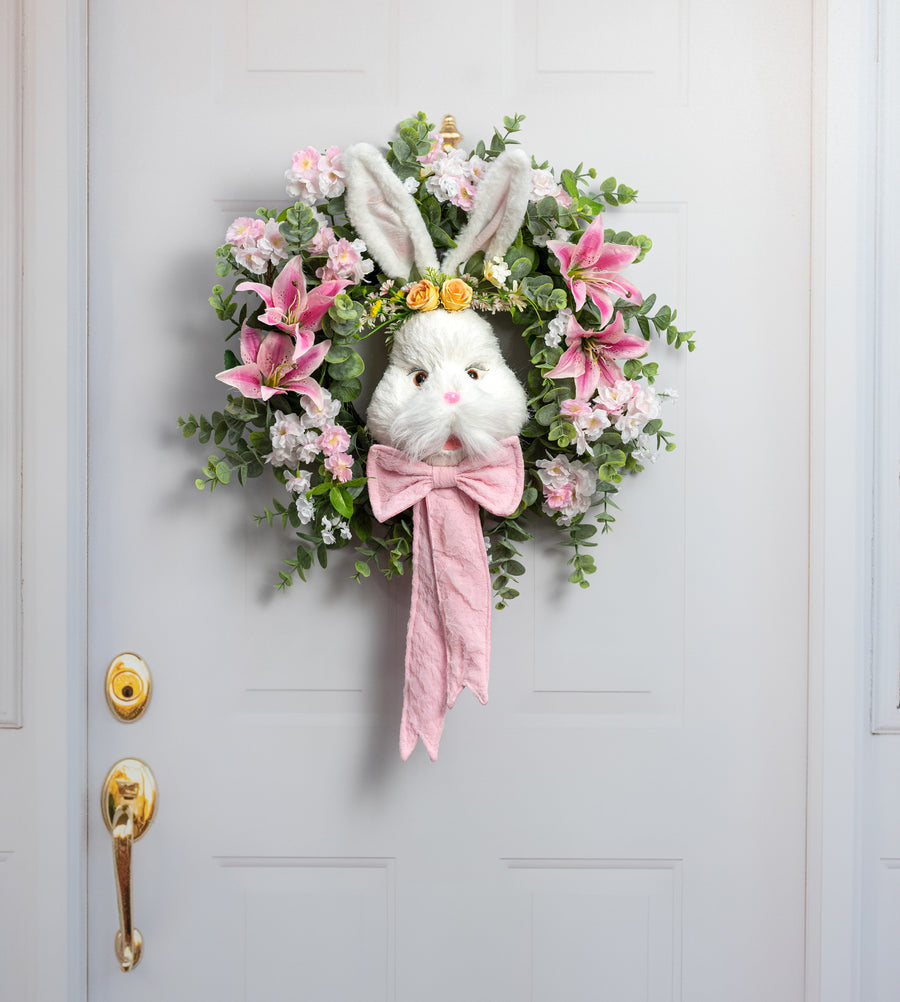 28" Fur & Sisal Floral Bunny Head Decor