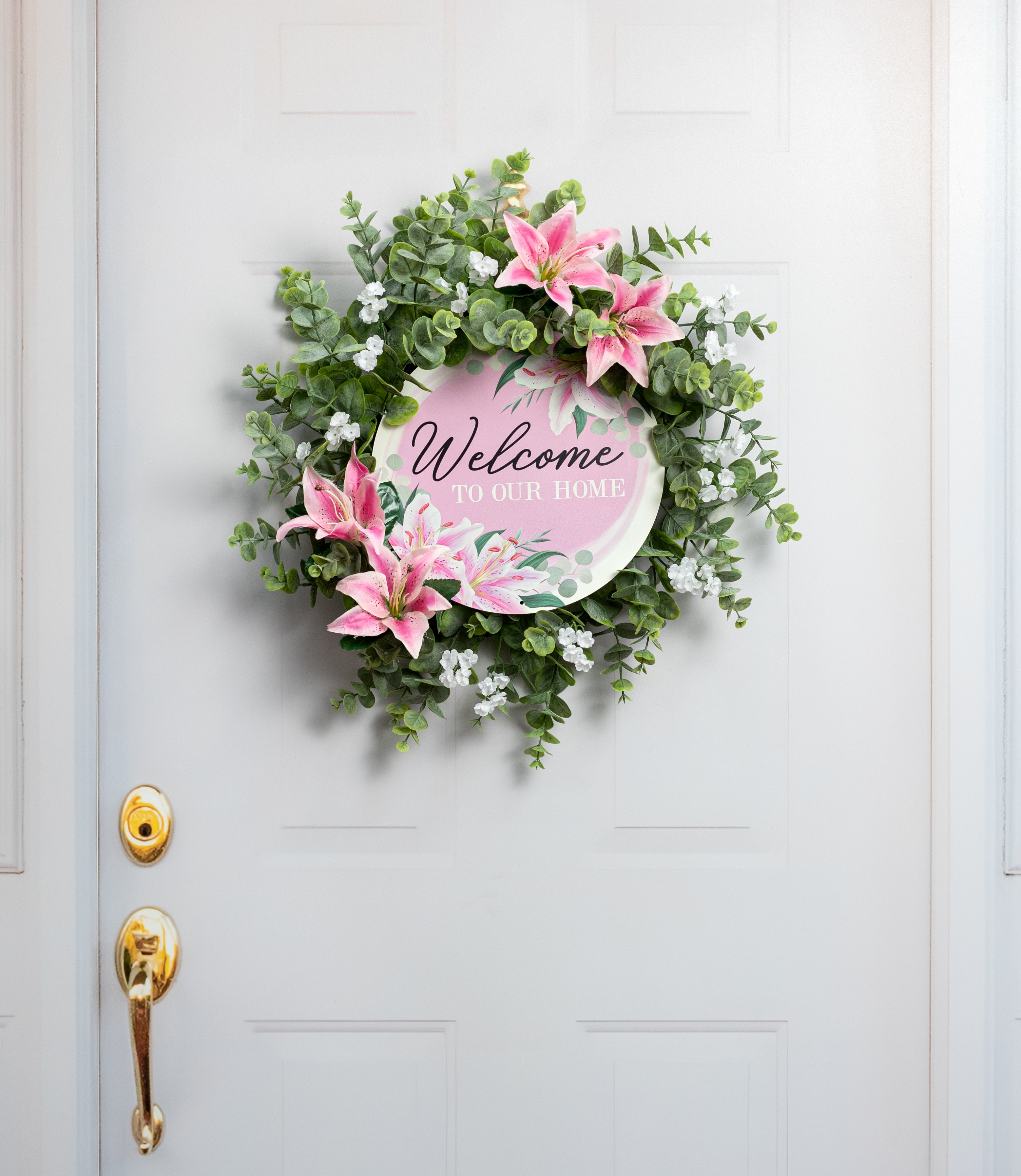 12" Round Metal Sign: Welcome to our Home Pink Lilies