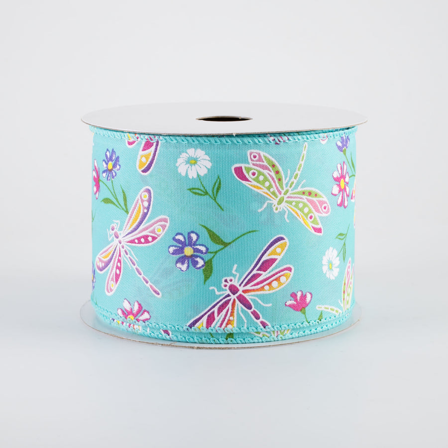 2.5" Dragonflies & Flowers Ribbon: Teal (10 Yards)