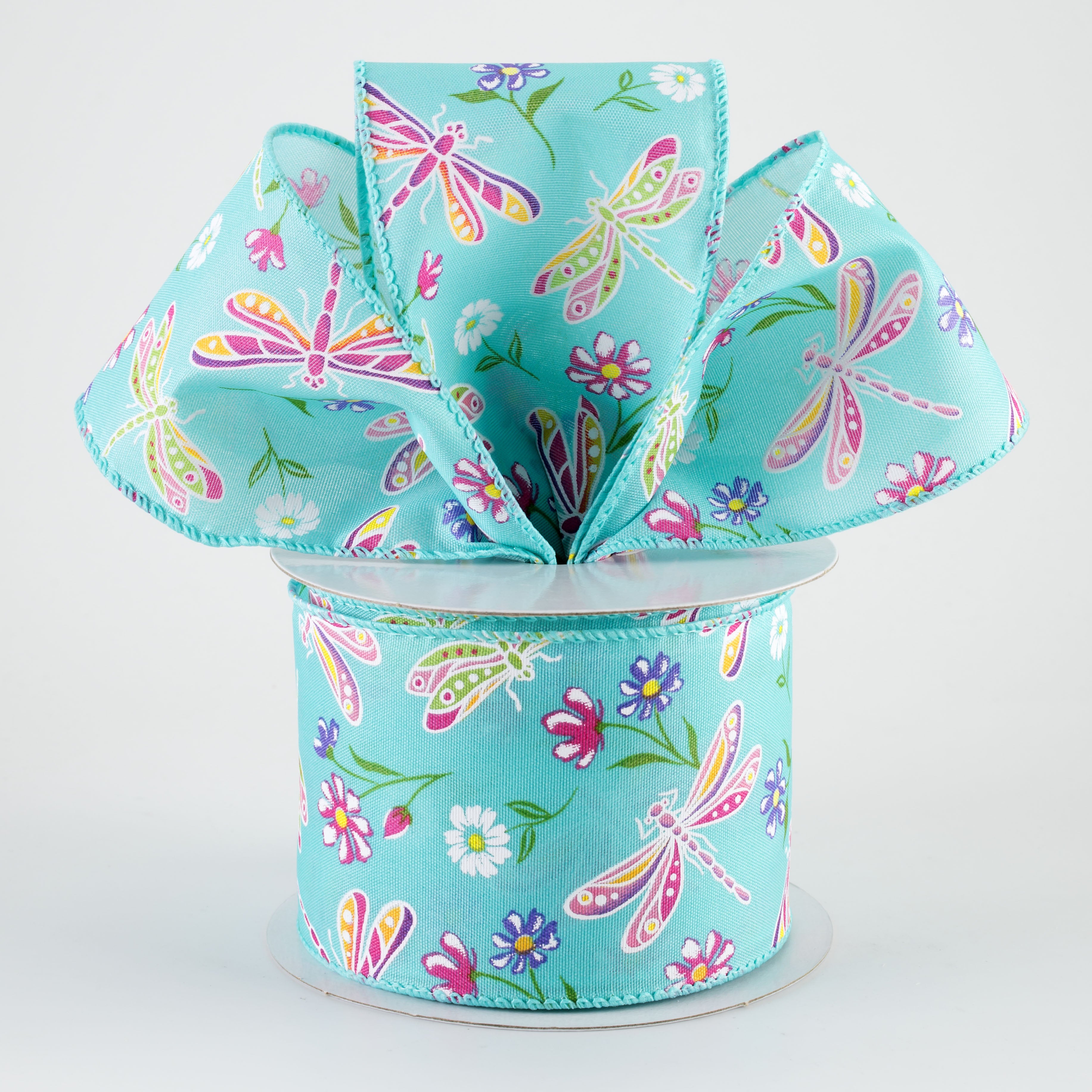 2.5" Dragonflies & Flowers Ribbon: Teal (10 Yards)
