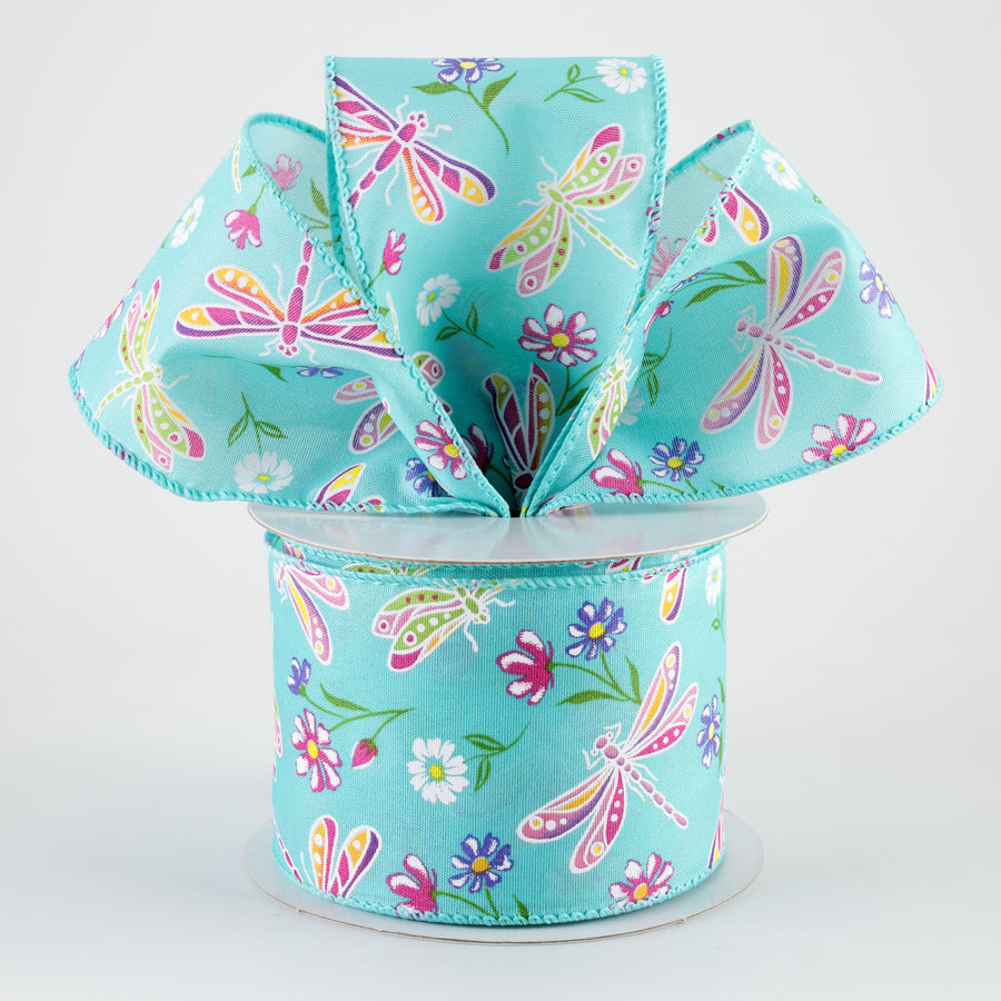 2.5" Dragonflies & Flowers Ribbon: Teal (10 Yards)