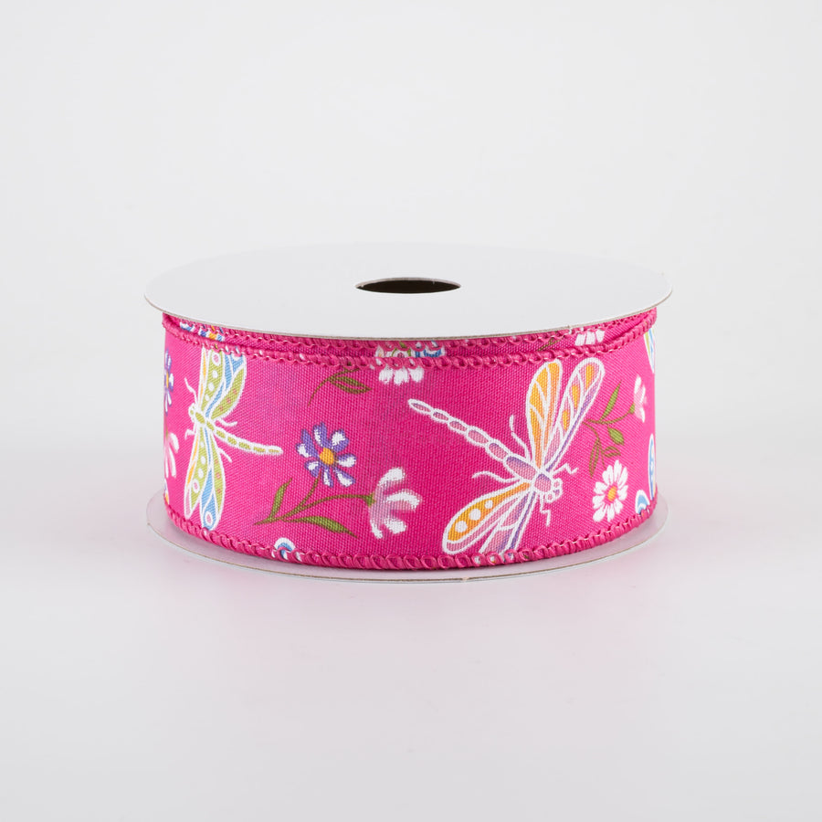 1.5" Dragonflies & Flowers Ribbon: Fuchsia Pink (10 Yards)
