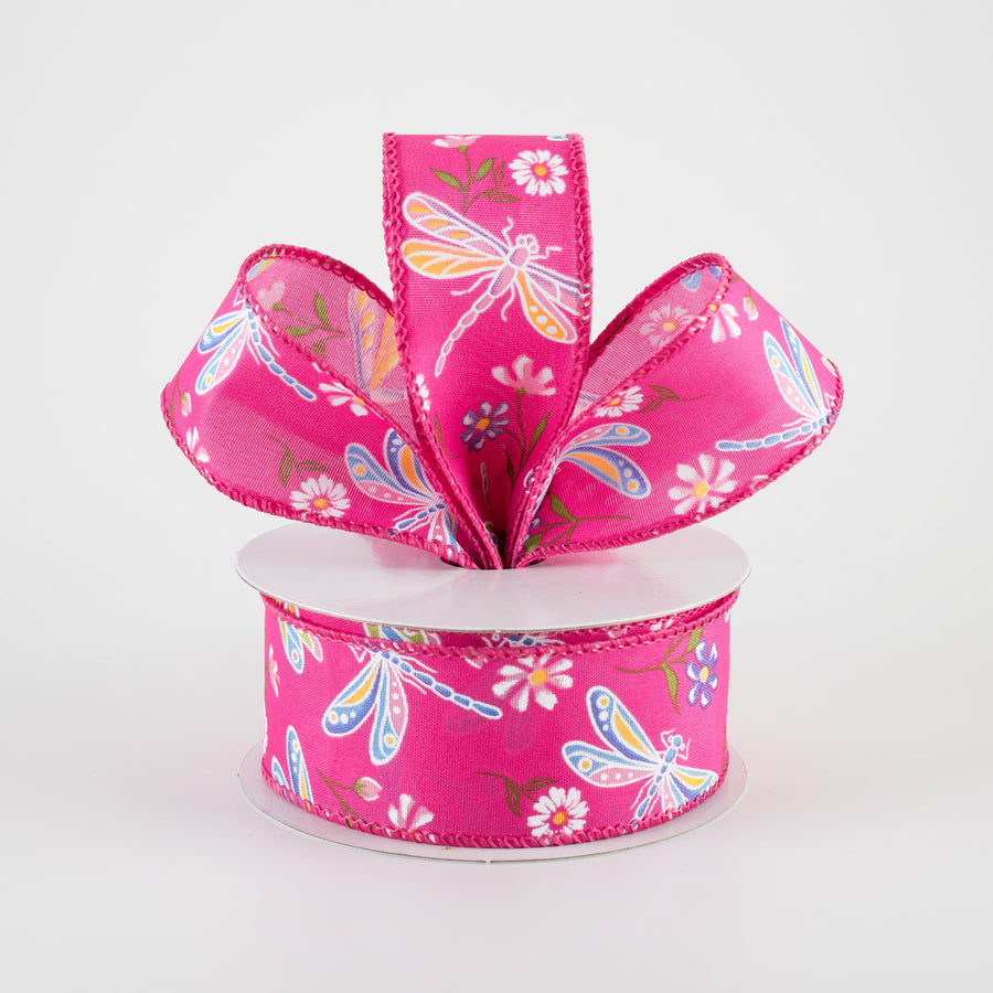 1.5" Dragonflies & Flowers Ribbon: Fuchsia Pink (10 Yards)