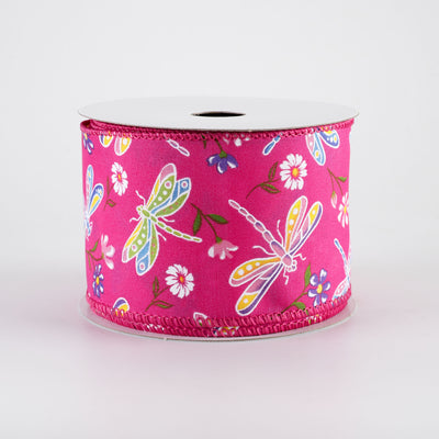 2.5" Dragonflies & Flowers Ribbon: Fuchsia Pink (10 Yards)