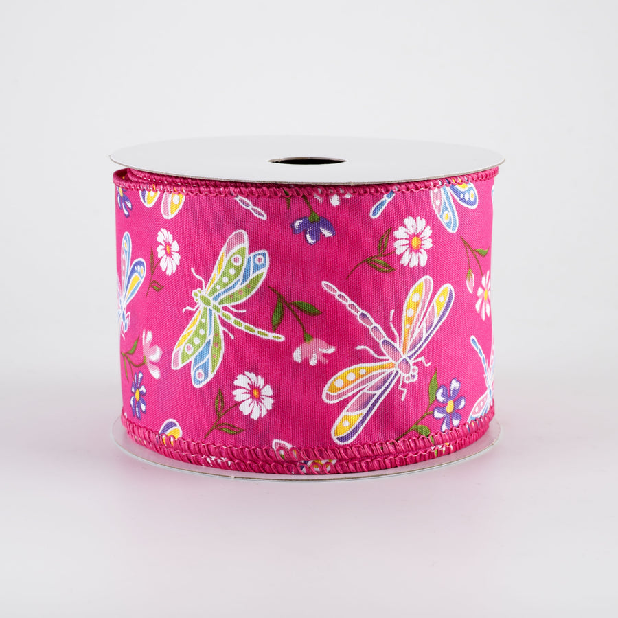 2.5" Dragonflies & Flowers Ribbon: Fuchsia Pink (10 Yards)