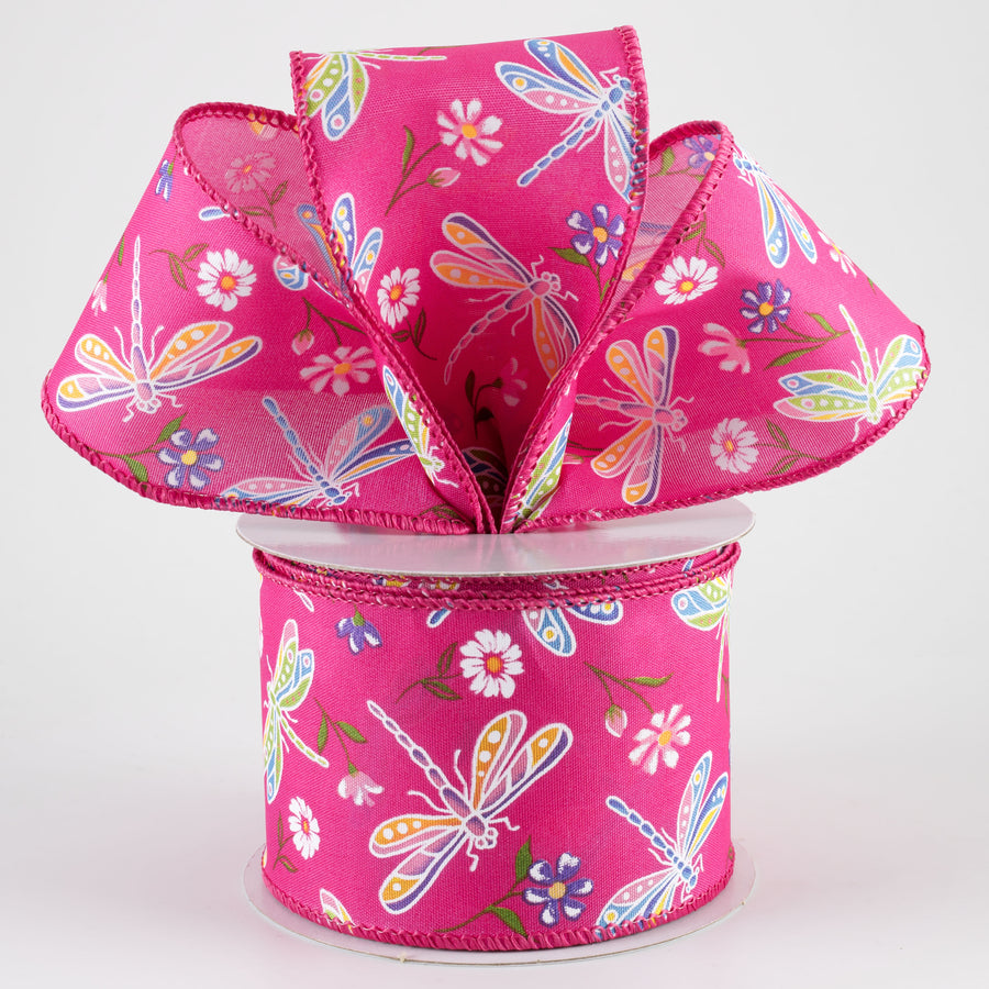 2.5" Dragonflies & Flowers Ribbon: Fuchsia Pink (10 Yards)