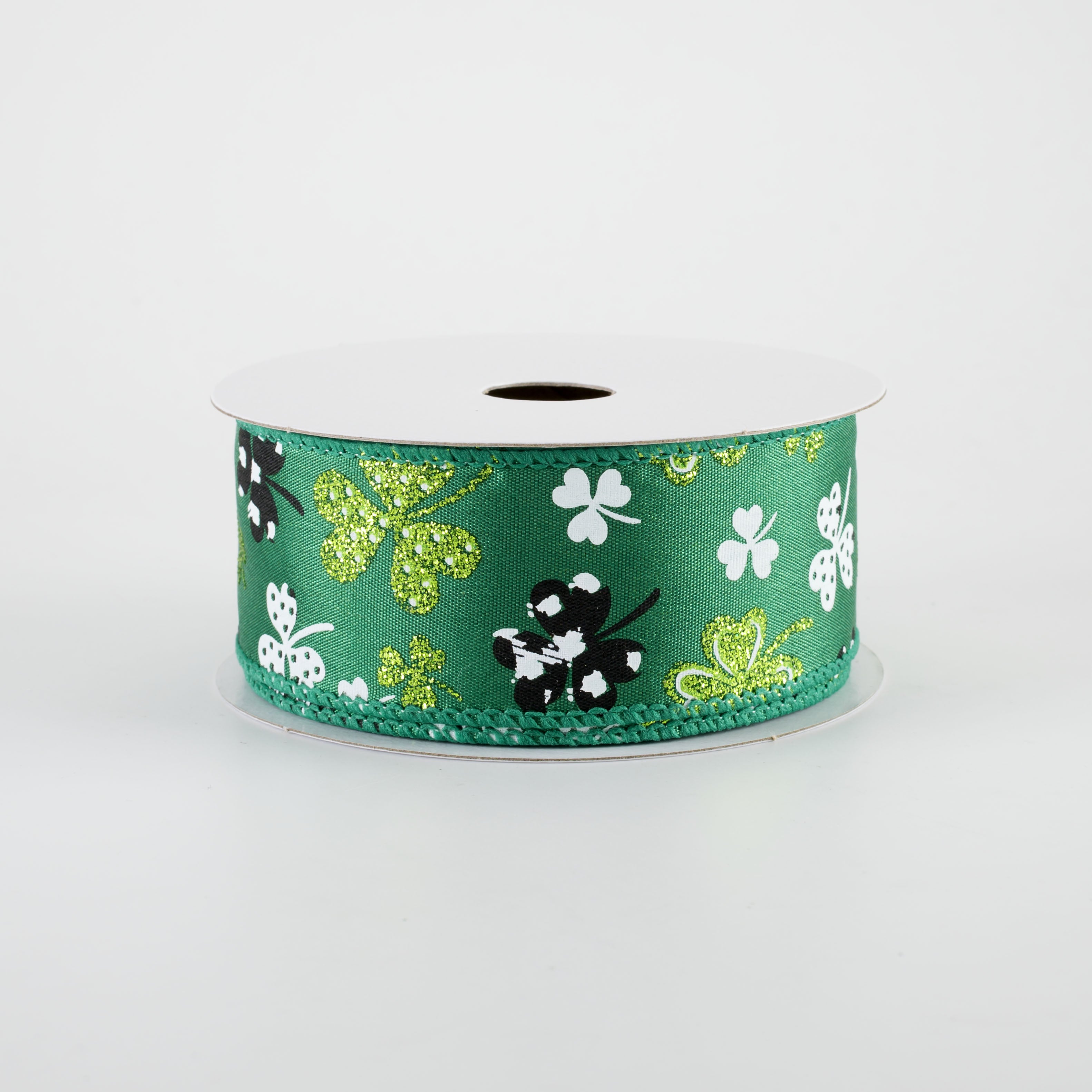 1.5" Patterned Glitter Shamrocks Ribbon: Emerald Green (10 Yards)