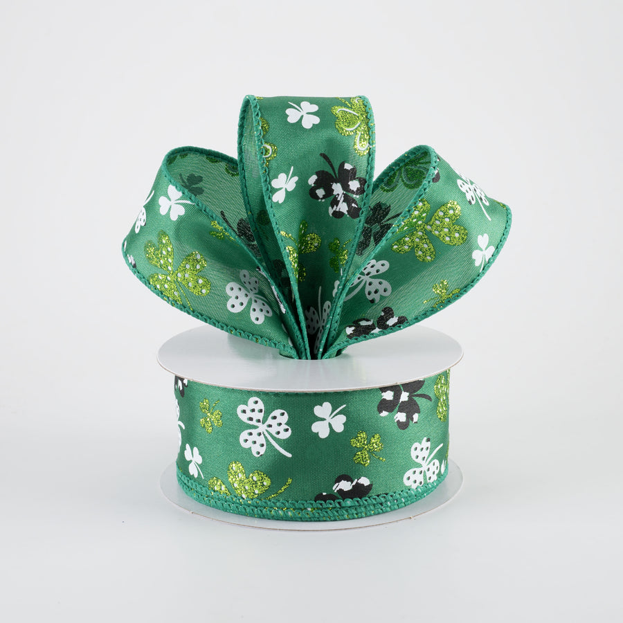 1.5" Patterned Glitter Shamrocks Ribbon: Emerald Green (10 Yards)