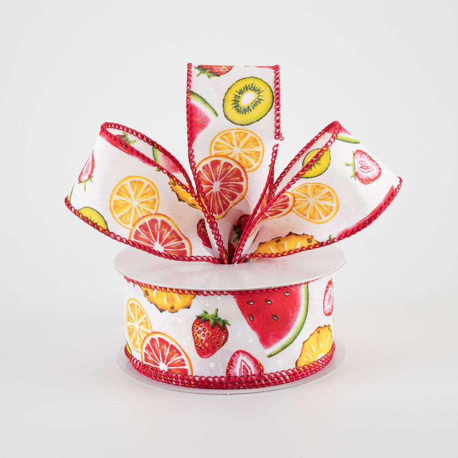 1.5" Citrus & Melons Fruit Collage Ribbon: White (10 Yards)