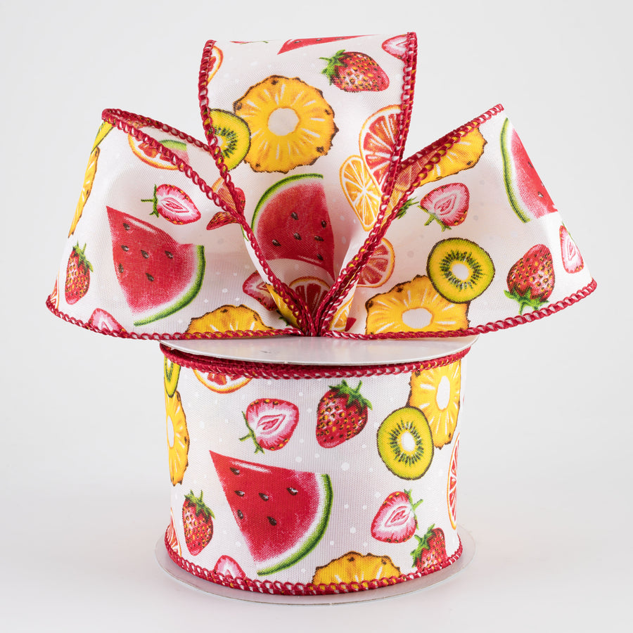 2.5" Citrus & Melons Fruit Collage Ribbon: White (10 Yards)