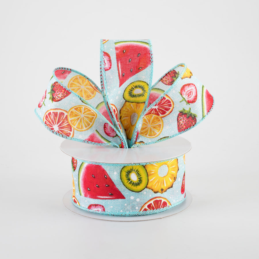 1.5" Citrus & Melons Fruit Collage Ribbon: Aqua Blue (10 Yards)