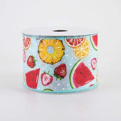 2.5" Citrus & Melons Fruit Collage Ribbon: Aqua Blue (10 Yards)