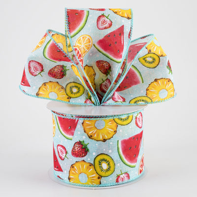 2.5" Citrus & Melons Fruit Collage Ribbon: Aqua Blue (10 Yards)