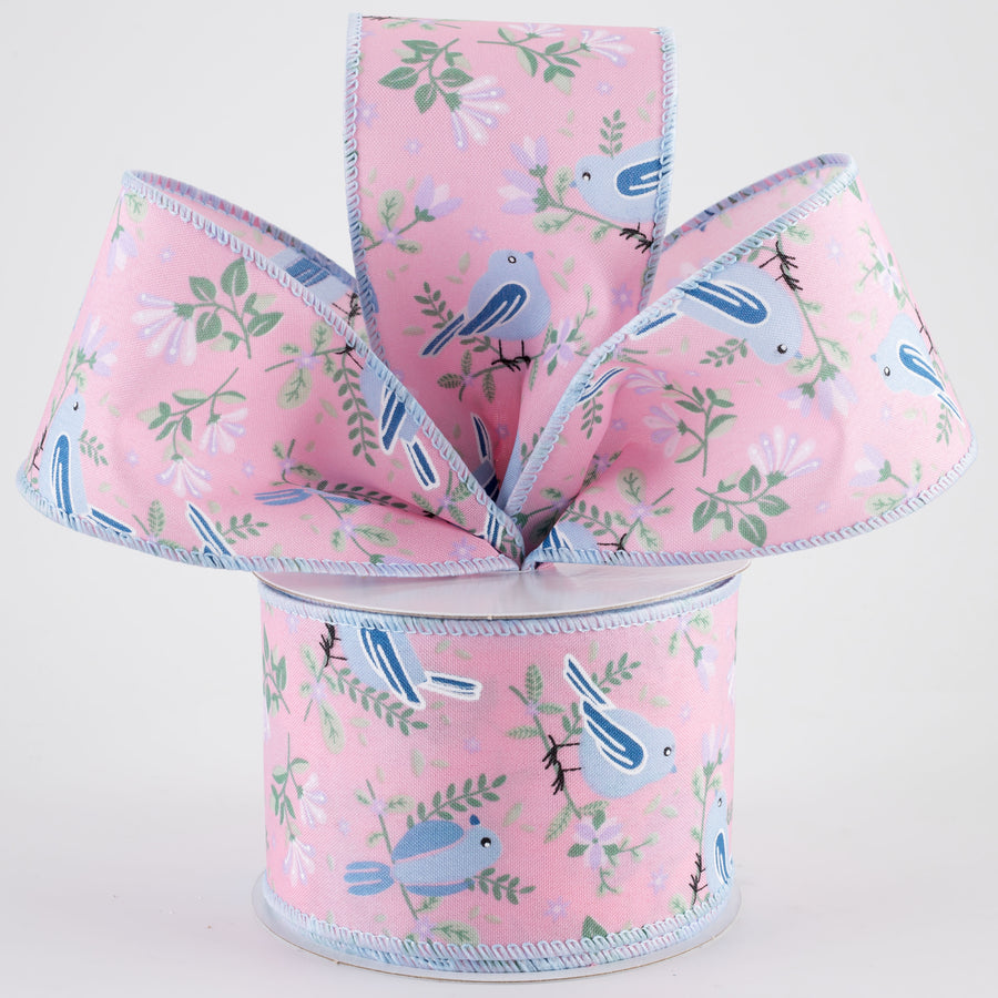 2.5" Blue Spring Birds & Flowers Ribbon: Mauve Pink (10 Yards)