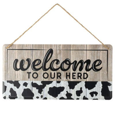 12" Embossed Tin Sign: Welcome to our Herd Black Cow Print