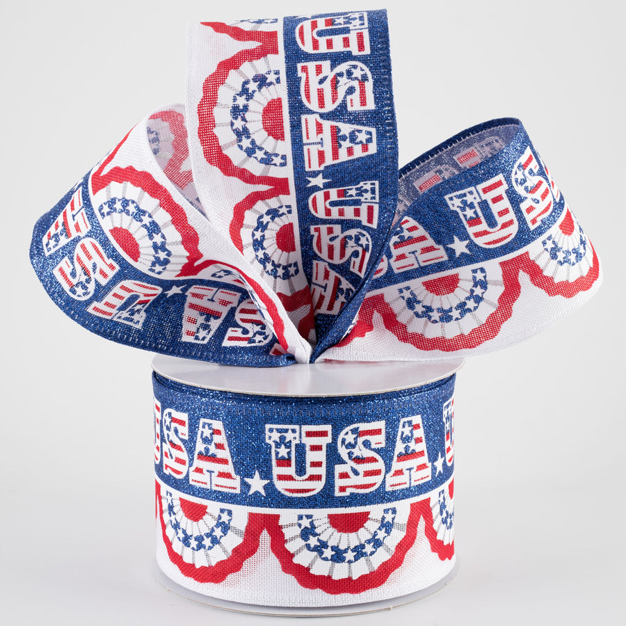2.5" Patriotic Pleated Flag Bunting USA Ribbon: White (10 Yards)