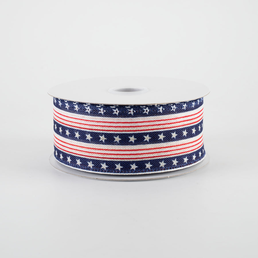 1.5" Linen Navy Stars & Red Stripes Ribbon: White (10 Yards)