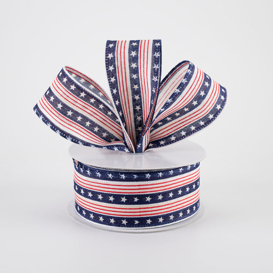 1.5" Linen Navy Stars & Red Stripes Ribbon: White (10 Yards)