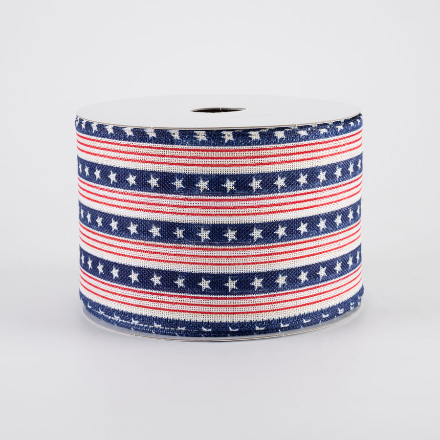 2.5" Linen Navy Stars & Red Stripes Ribbon: White (10 Yards)
