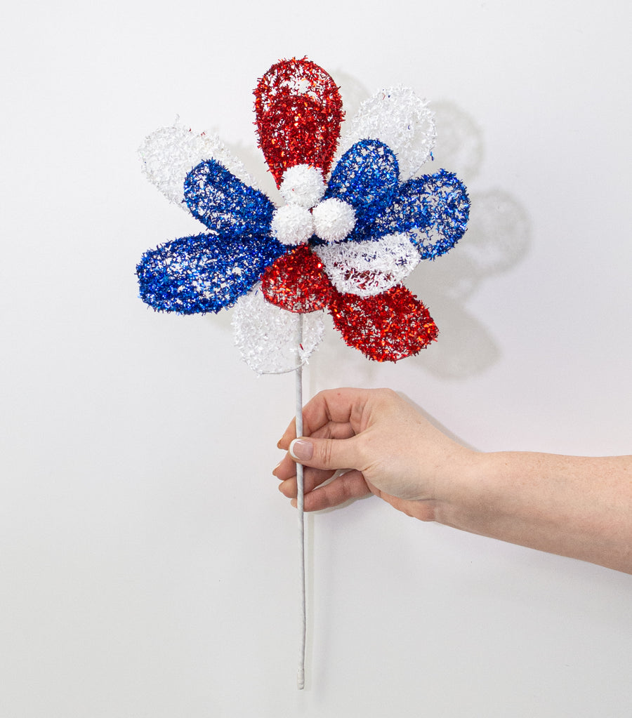 9" x 17" Filagree Foil Flower Stem: Red, White & Blue